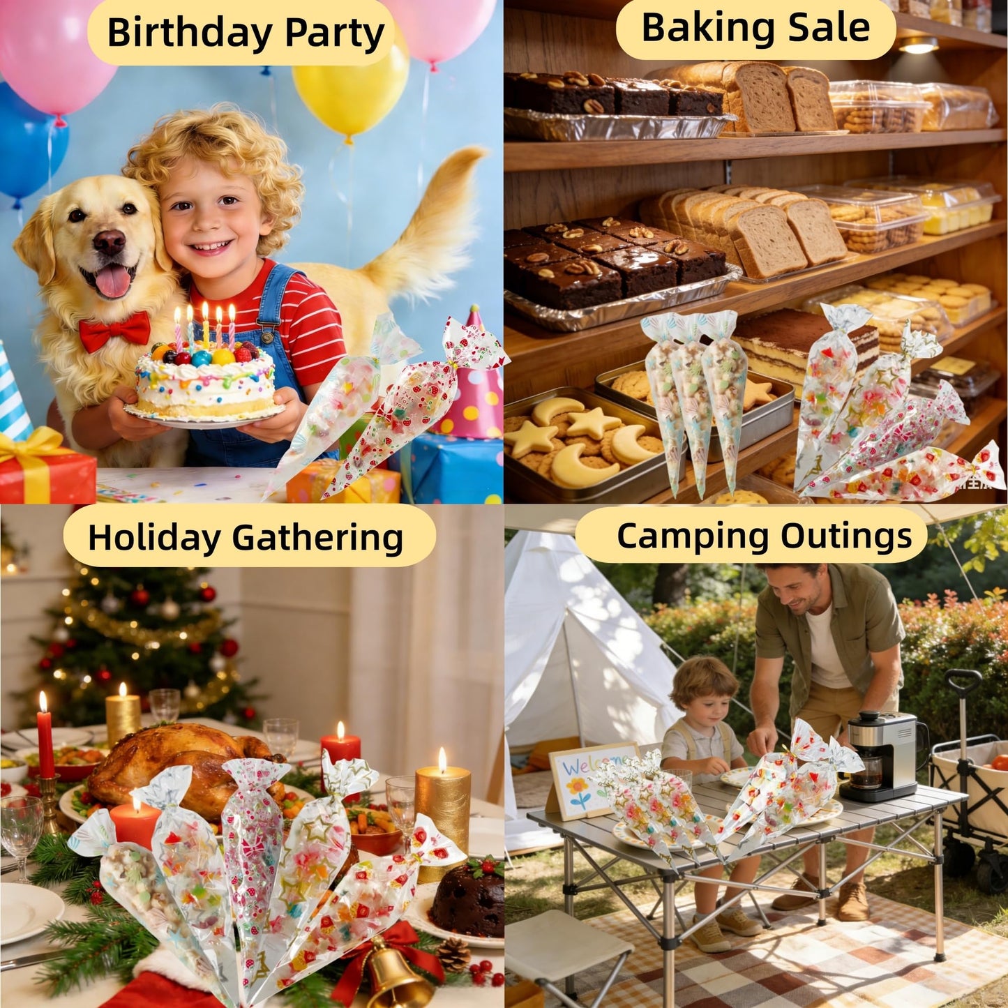PABCK 50Pcs Cone Shaped Cellophane Treat Bags 6.69x11.8 inch Party Favor Gift Wrap Cellophane Bag Clear Plastic Bags for Candy Cookies Popcorn Snack Packaging Food Storage Bag Triangle with 50 Gold Twist Ties