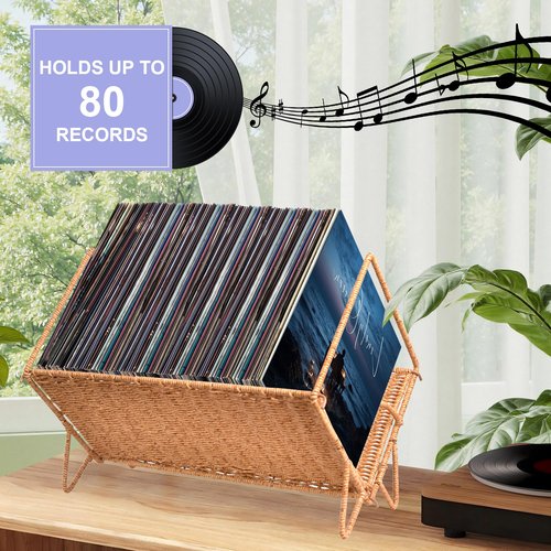 Demine Vinyl Record Storage Rack - Holds 80 LPs | Stylish Woven Record Holder | Multifunctional Storage | Vinyl Display Organizer for Books, Magazines & Files