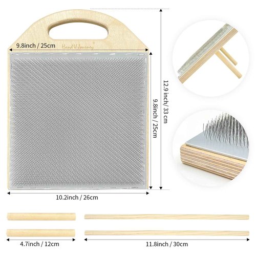 HAND U JOURNEY 9.8 Inch Wool Blending Board - Durable Wooden Backing, Fine 6.5 PPI Card Cloth, Includes 2 Dowel Rods for Easy Drafting & Rolag Removal.