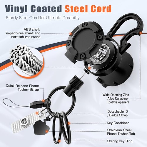 2 Pack Magnetic Retractable Keychain - Heavy Duty Badge Reel with Built-in Bottle Opener Carabiner Clip, 25.5" Steel Cord Badge Holder Retractable Clip Holds 18oz