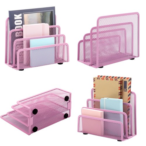 EASEPRES Desk Mail Organizer, Office Small Desktop Metal Mesh Envelope Letter Sorter Paper File Holder Organizer with 3 Vertical Upright Compartments, Pink 2 Pack