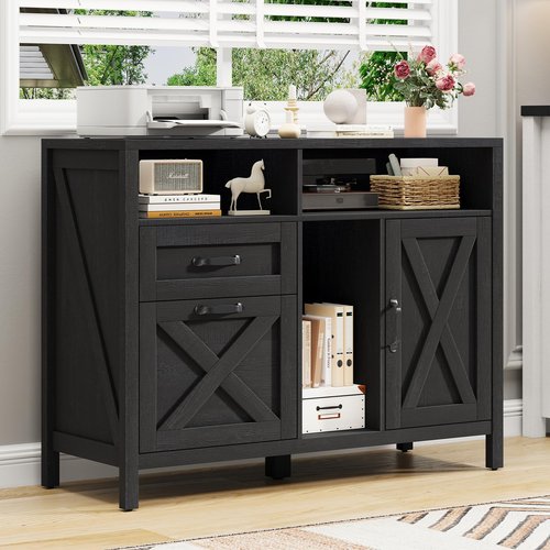 Lateral File Cabinet, Farmhouse 2 Drawer File Cabinet with Open Storage Shelf for Letter/Legal/A4 Size Hanging Files, Large Wood File Storage Cabinets Printer Stand for Home Office, Black