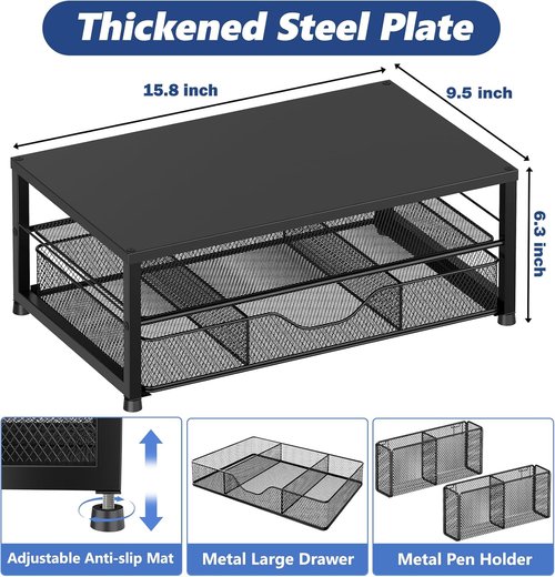 OPNICE Desk Organizer - 2-Tier Computer Monitor Stand Riser with Drawer & Pen Holders | Black