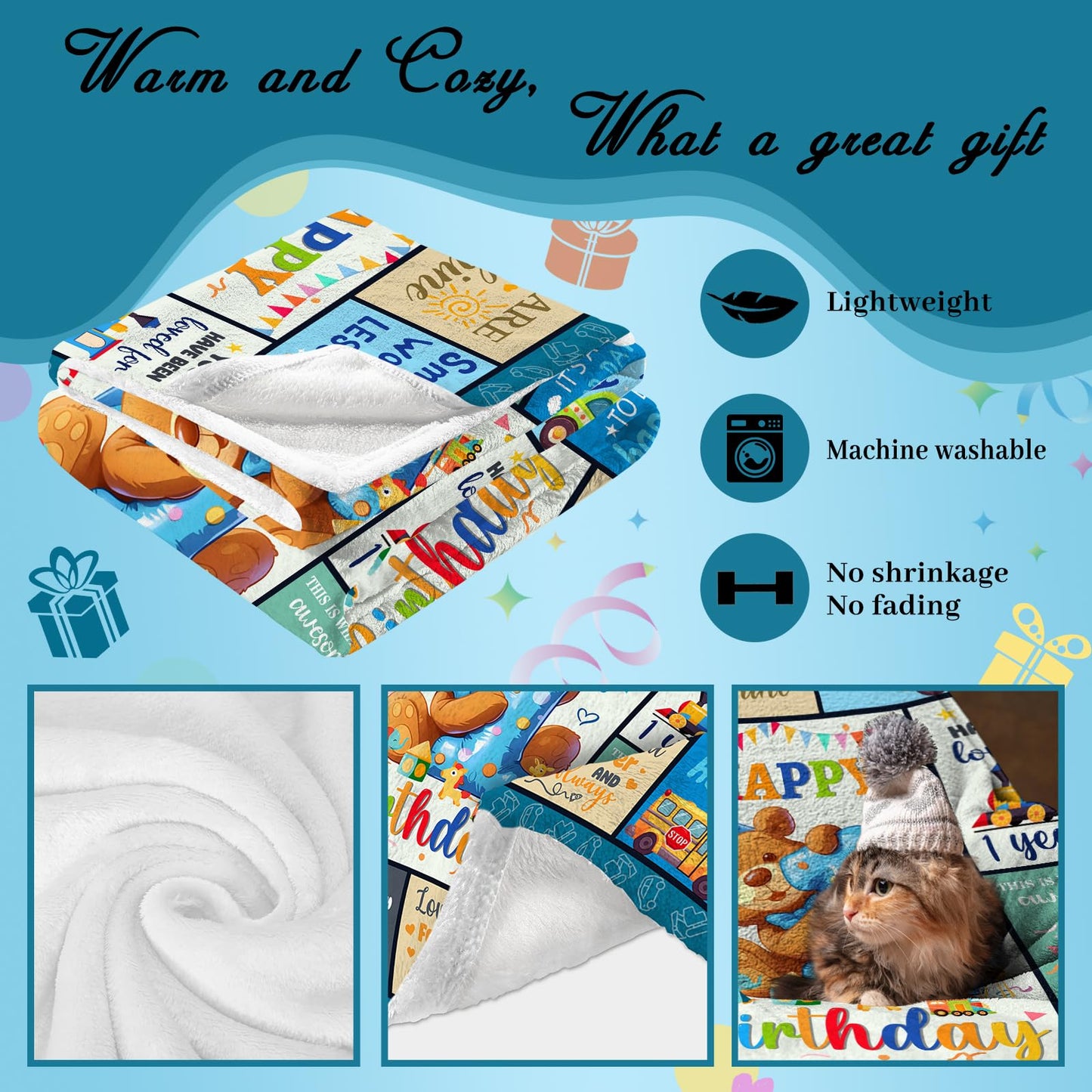 CIUGOIG 1 Year Old Boys Gifts, Happy 1st Birthday Blanket 50"x40", 1st Birthday Gifts for One Year Old Boys, Baby Boy First Birthday Gift Ideas, Teddy Bear 1st Birthday Decorations for Boy Blanket