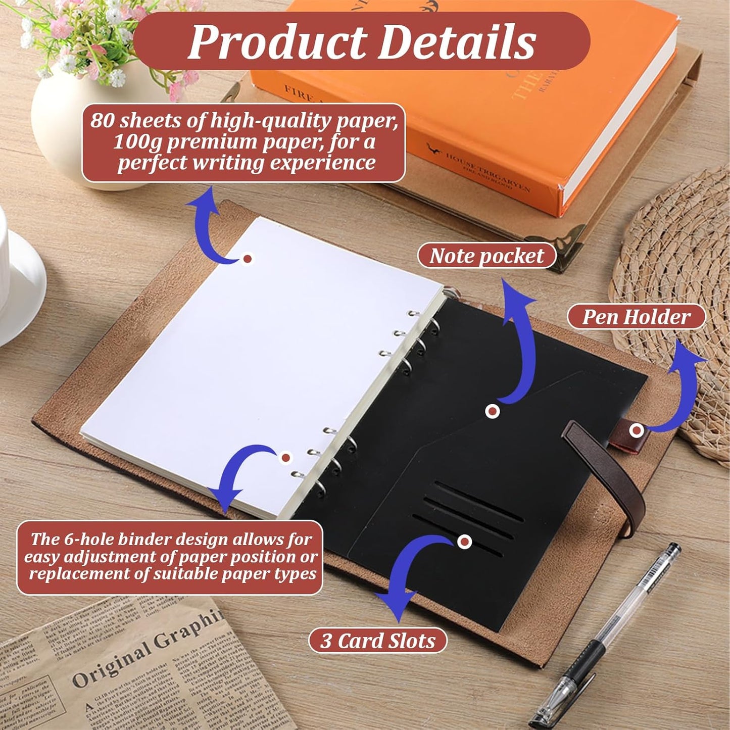 Skiennix Refillable A5 Leather Binder Notebook - Genuine Leather Journal with 6 Rings, Pocket & Card Slots