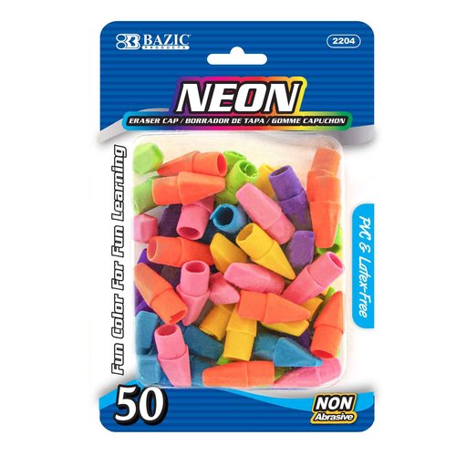 BAZIC Products Eraser Top, Latex Free Pencil Tops Erasers (50/Pack), Neon Color Arrowhead Caps Erasers for Student Art Drawing School Supplies, 24-Packs
