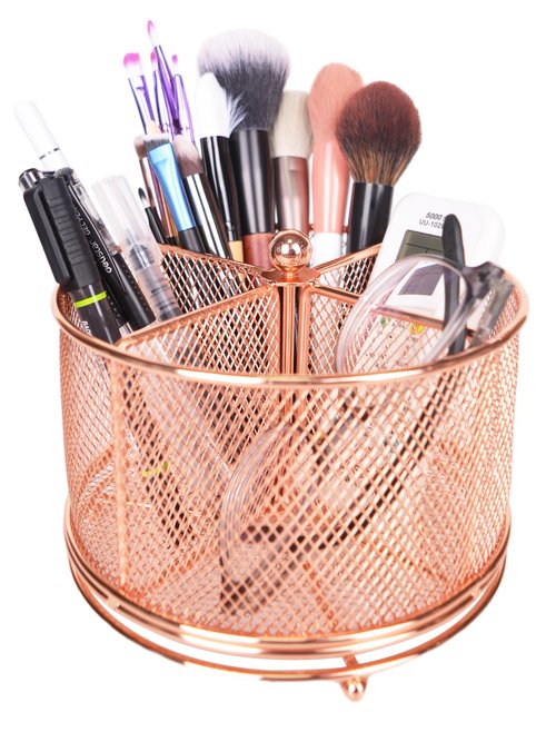 Fine tools Metal Pen Holder Makeup Brush Holder Rotating Desk Organizer for Office Supplies - Convenient and Durable Storage for Pens, Pencils, Makeup, Remote Controls, Glasses