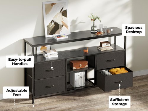 Huuger 47 Inch TV Stand Dresser with Power Outlets and LED Lights, 4 Drawers Entertainment Center with Open Shelf, Media Console for 55 50 Inch TV, Dresser with PU Finish, Black