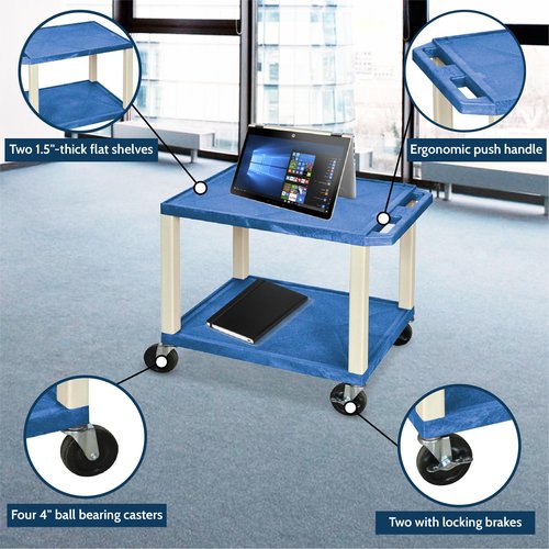 LUXOR WT26BU 26"H AV Cart - Two Shelves - Putty Legs, 4" Silent-Roll, Full-Swivel Heavy-Duty Casters, Two with Locking Brake, Multipurpose Storage for Video Projector, TV, Laptop, Printer Stand