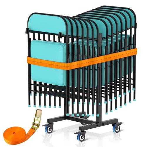 Lokshun Folding Chair Rack,Chair Cart with 14 Chairs Capacity,Sturdy Metal Chairs Storage Rack,Space-Saving Dolly with 4 Lockable Wheels & Strap,Large Storage Holder for Party,Office,Home