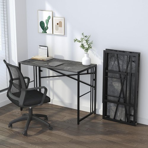 Lutown-Teen Narrow Folding Computer Desk 35 inch, Writing Gaming Computer Desk for Small Spaces, No Assembly Required Small Office Table, Grey