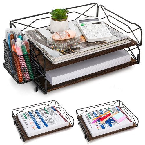 Nagpew 2 Tier Desktop Organizer, Stackable Wood Paper Trays with Pencil Holder, Vintage Sturdy Letter Rack Magazine Storage for Office, Desktop, Home, Kitchen, Bathroom