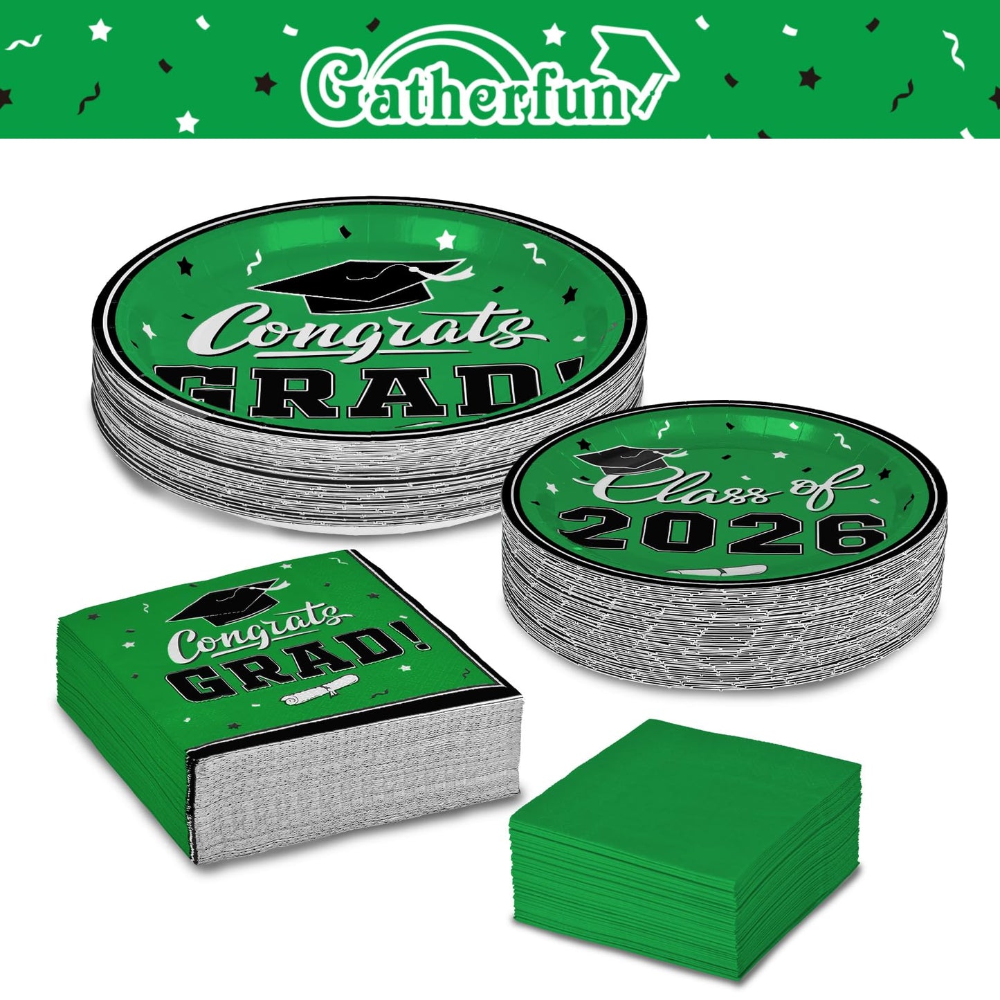 Graduation Party Plates and Napkins Gatherfun 2026 Graduation Party Supplies Green Disposable Paper Plates Luncheon Napkins Cocktail Napkins for Congrats Grad Party Decorations, Serve 50
