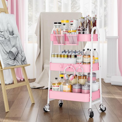 KINGRACK 3 Tier Metal Utility Rolling Cart, Rolling Storage Cart, Craft Art Cart with Handle and Locking Wheels & 2 Hanging Baskets 4 Hooks for Bathroom, Bedroom (Pure Pink with Basket and Hooks)