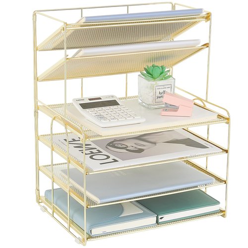 OPNICE 6-Tier Letter Tray Paper Organizer, Desk Organizers and Accessories, Desktop File Organizer, Office Desk Accessories for Office Supplies (Gold)