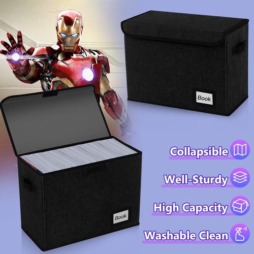 YNSZAS Comic Book Storage Box 15.8" X 7.8" X 11.8", Collapsible Holds 160-180 Comic Book Organizer Heavy Duty Bin Container Holder Shelf (Black)
