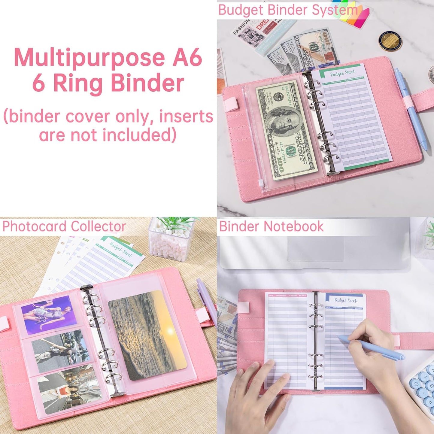 Antner A6 Notebook Binder - Refillable 6 Ring Budget Planner Organizer in Glitter Pink with Magnetic Buckle