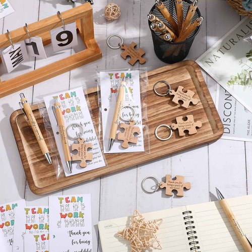 Kosiz 40 Sets Employee Appreciation Gift Bulk 10 styles Inspirational Bamboo Ballpoint Pen with Wooden Puzzle Keychains Thank You Cards team building gifts for Team Coworker Teacher Nurse