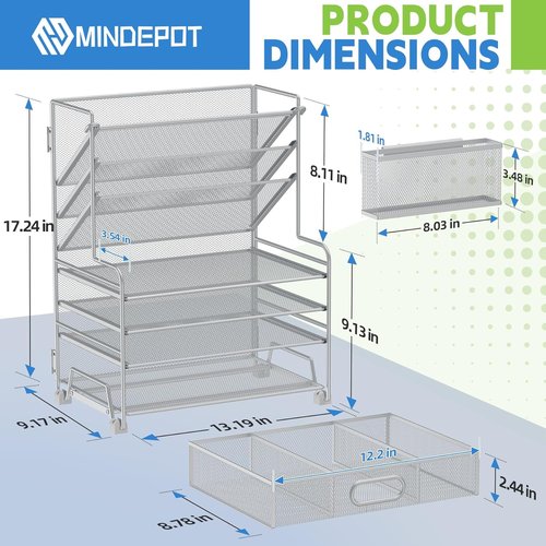 MINDEPOT 4-Tier Paper Organizer - Desktop File Holder with Drawer & Pen Holders | Silver Finish for Office & Classroom