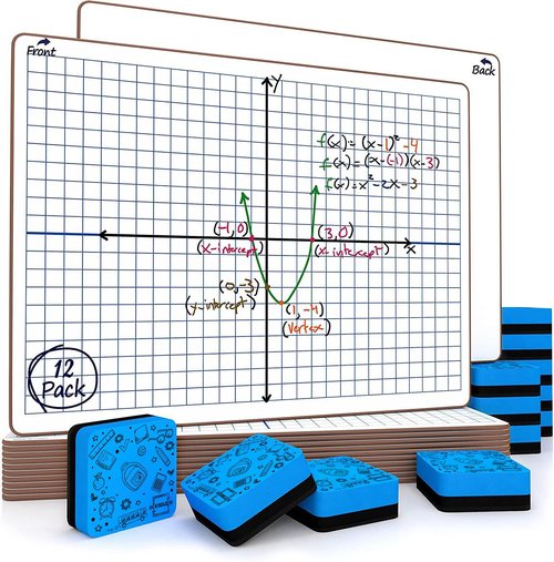 Dry Erase XY Axis Graph Lap Boards 9”X12” for Student and Classroom Use, Math whiteboards (Double Sided White Boards) Erasers Included (12 Pack Graph)