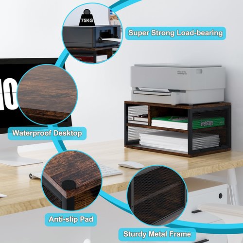 PAG-Mass Wooden Printer Stand with Storage,Multi-Functional 2-Tier Paper Organzier Shelf Printer Table Desk for Home Office with Steel Frame,Antique Brown