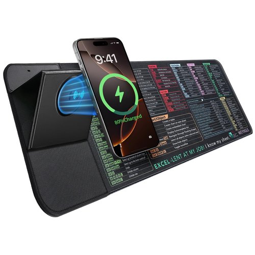 Wireless Charging Mouse Pad with Foldable Phone Stand &Excel Shortcut Keys 15W Qi Fast Charging Desk Mat XXL Non-Slip Surface for Gaming/Office, Compatible with Qi-Enabled Phones (31.5x11.8x0.16inch)