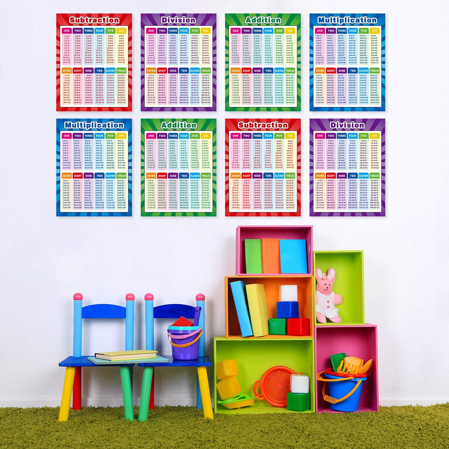 Outus 4 Pack Extra Large Educational Math Posters, Multiplication Chart Times Tables Chart 17 x 22 Inch Division Addition Subtraction Posters for Kids, Elementary Middle School Classroom