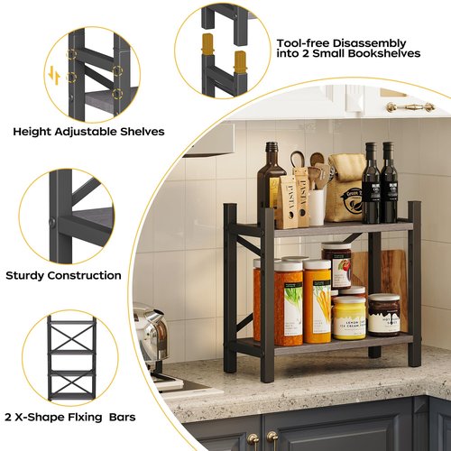 Homeiju Desktop Bookshelf, 4-Tier Stackable Narrow Desk Bookcase, Adjustable Industrial Desk Organizer Display Shelf, Wood Desktop Book Organizer for Living Room, Bedroom and Home Office(Grey)