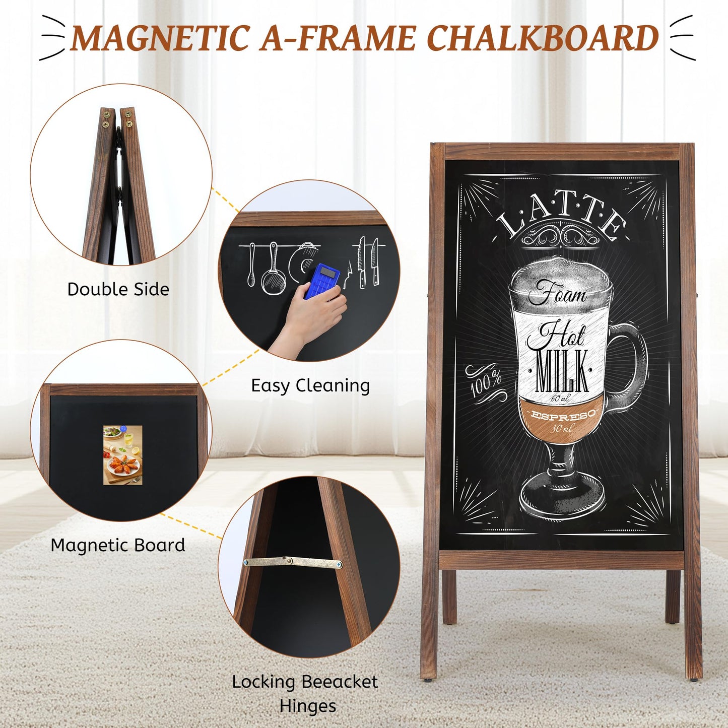 A Frame Chalkboard Sign, 40" x 20" Extra Large Wooden A-Frame Sign Board with Chalk Marker, Double-Sided Magnetic Sidewalk Chalkboard Easel Display for Restaurant, Business, Wedding