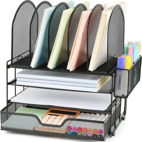 ORDROLL Desk Organizers and Accessories with Drawer, File Organizer with 5 Vertical File Holders and Pen Holders, Office Desk Accessories Workspace Desktop Organizers for Office Supplies (Black)