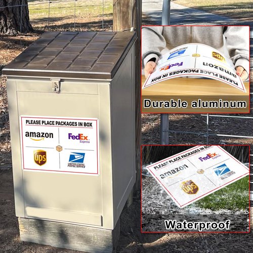Set of 2 Delivery Signs for Packages, Please Place Packages in Box Sign, Including 14 x 10 in Aluminum Sign & 10 x 7 in Stickers, Clear Visibility & Weatherproof