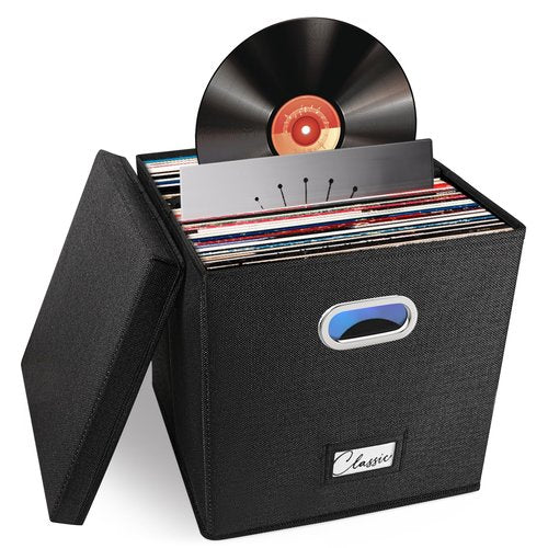 Vinyl Record Storage Box for 50+ Single LPs (12-Inch), Stackable Albums Linen Crate with Lid, Collapsible Play Music Collection Holder, Document File Folder Cabinet Organizer Case with Handle