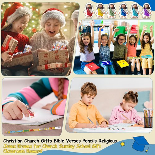Yexiya 96 Pack Christian Bible Stationery and School Supplies Set Christian Church Gifts Bible Verses Pencils Religious Jesus Erases for Church Sunday School Gift Classroom Reward