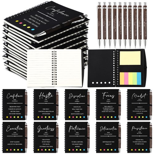 TecUnite 80 Pcs Motivational Spiral Notebooks with Sticky Notes Bamboo Pen Bulk Inspirational Journals Employee Appreciation Gifts for Teacher Team Coworker Colleagues Volunteer Nurse Staff (Black)