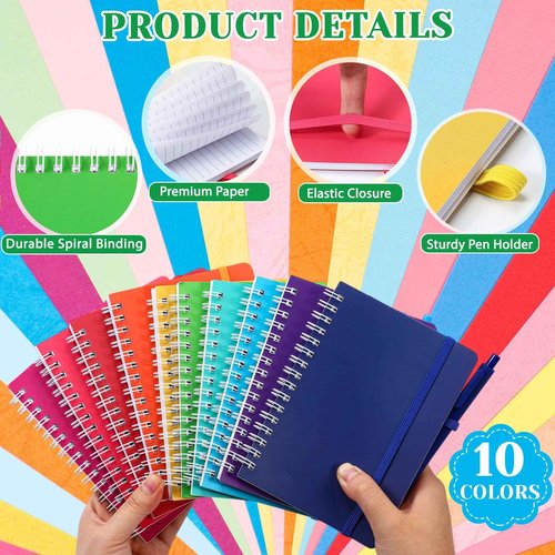 Fulmoon 30 Set A6 Spiral Notebook with Ballpoint Pen in 10 Colors 50 Sheets, 4" x 6" Bulk Ruled Small Notebooks Journals for Back to School Supplies Students Gifts Office Coworkers (Candy Brights)