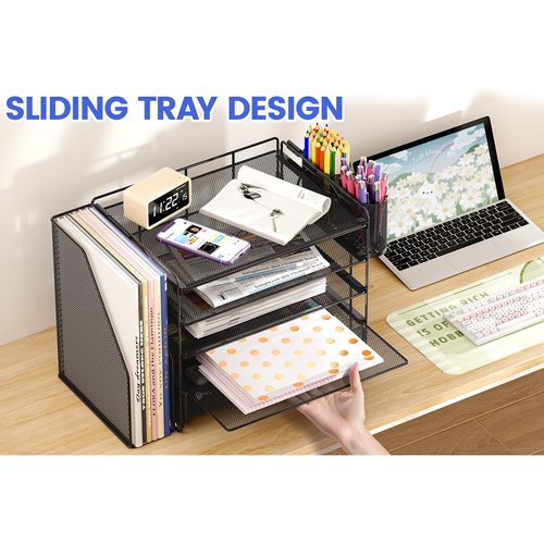OPNICE Desk Organizers and Accessories, 5-Tier Paper File Organizer with Drawer & Pen Holder, Office Desk Accessories Workspace Desktop Organizer for Office Supplies(Black)