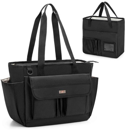 LoDrid File Tote Bag with Extra Document Organizer Case for Letter Size File Folders, Large Utility Bag with 15.6” Laptop Padded Sleeve for Work, Business, Black