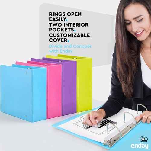 3 Inch Binder 3 Ring Binders, Slant D-Ring 3” Clear View Cover with 2 Inside Pockets, Heavy Duty Colored School Supplies Office and Home Binders Pink, Blue, Purple, Green (4 Pack) – by Enday