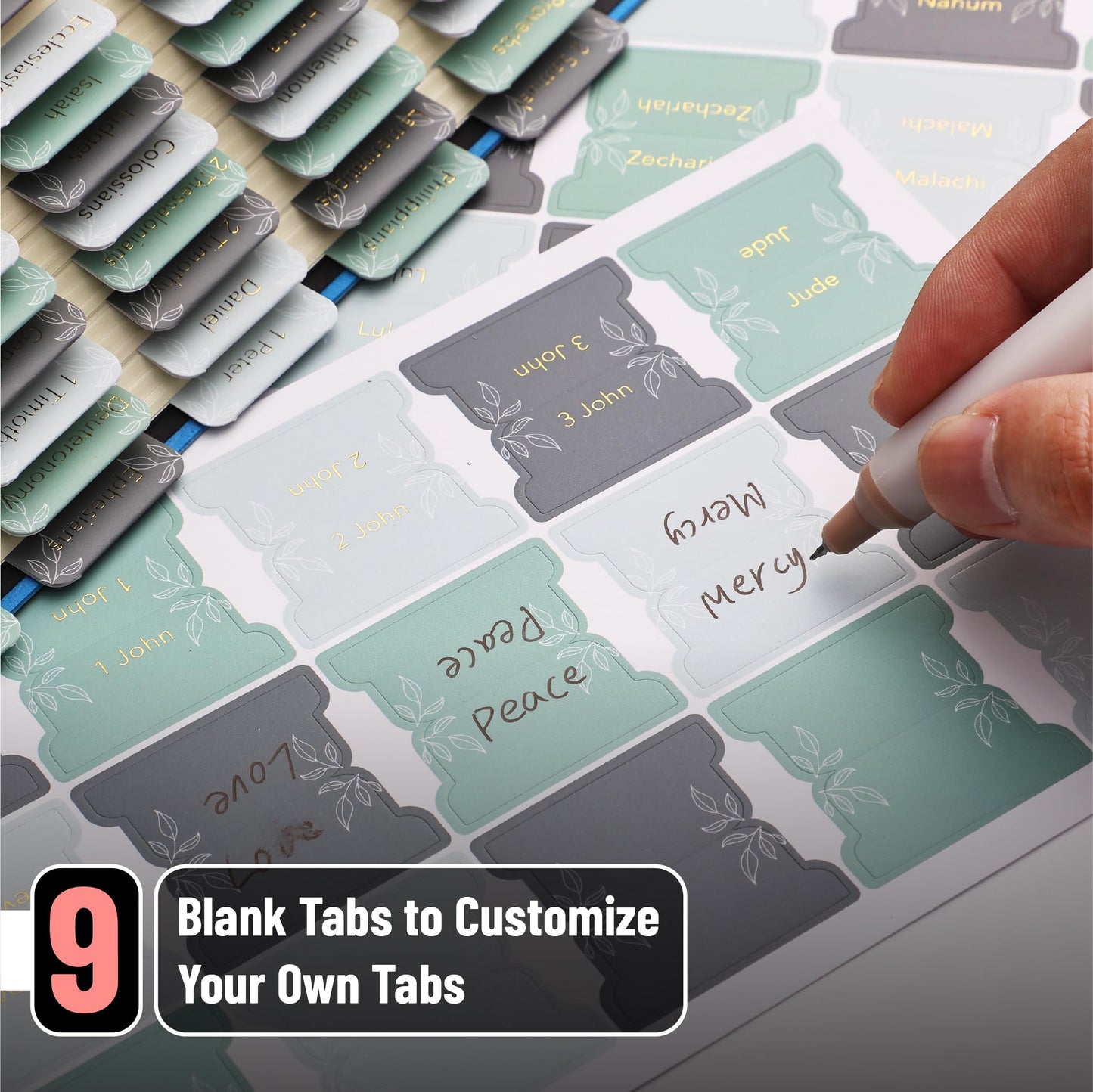 Mr. Pen- Bible Tabs, 75 Tabs, Forest Mist, Gold Foil Embossed Lettering