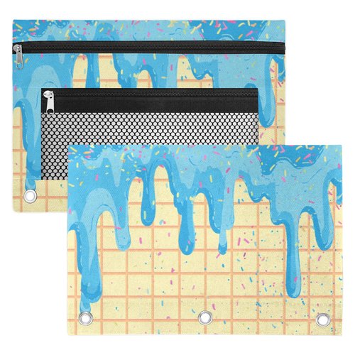 Gumuslen Blue Ice Cream Pencil Pouch for 3 Ring Binder Waffles Biscuit Pencil Case Bag with Clear Window Zipper Pockets for Kids Girls Boys Students School College Supplies 2 Pack