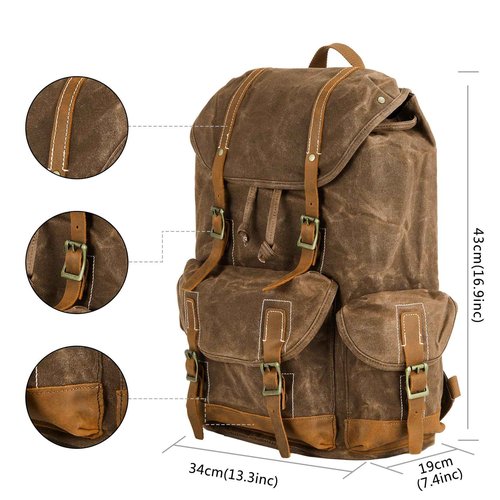 BRASS TACKS Leathercraft Backpack for Men Heavy Duty Waxed Canvas Vintage Women Trim Casual 15.6" laptop Travel Backpack-Brown