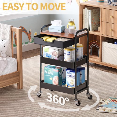 TOOLF 3-Tier Utility Rolling Cart with Wooden Board and Drawer, Metal Storage Cart with Handle, Black Trolley Kitchen Organizer Rolling Desk with Locking Wheels for Office, Classroom, Home, Bedroom