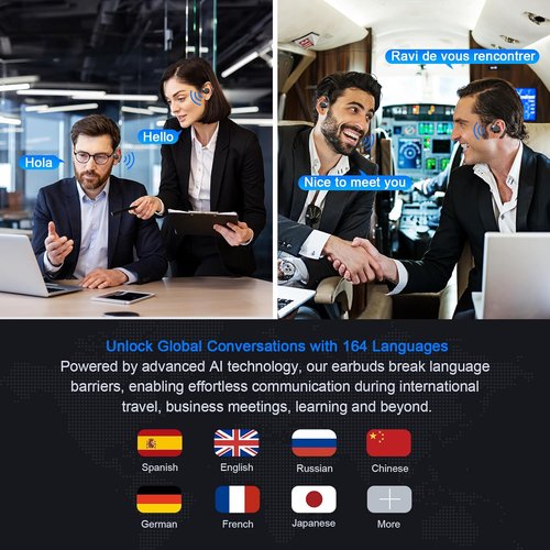 Skiennix AI Translation Earbuds - Real-Time 164 Language Translator for iPhone & Android | 3-in-1 Travel Headphones with Charging Case (Black & Gold)