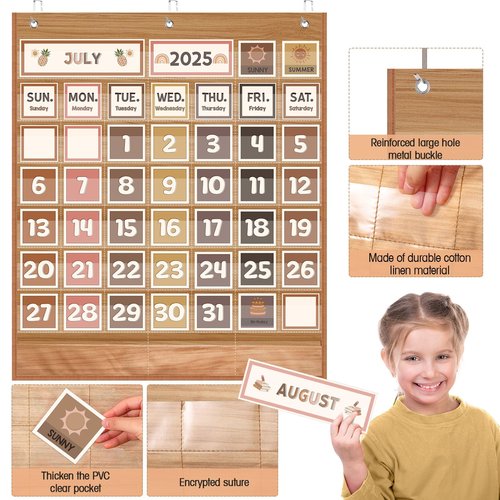Sinload Classroom Calendar Pocket Chart Set Calendar Bulletin Board Set Seasons Festival Weather Pocket Chart for Classroom Decoration Back to School Supplies(Neutral Boho)