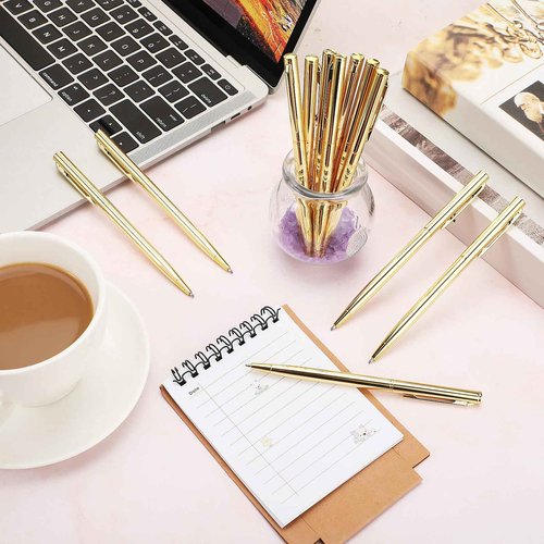 Zonon 100 Pieces Gold Metal Slim Ballpoint Pens Bulk Retractable Metallic Black Ink 1 mm Medium Point Smooth Writing Pens for Wedding Business Office Supplies Students Teachers Men Women Present