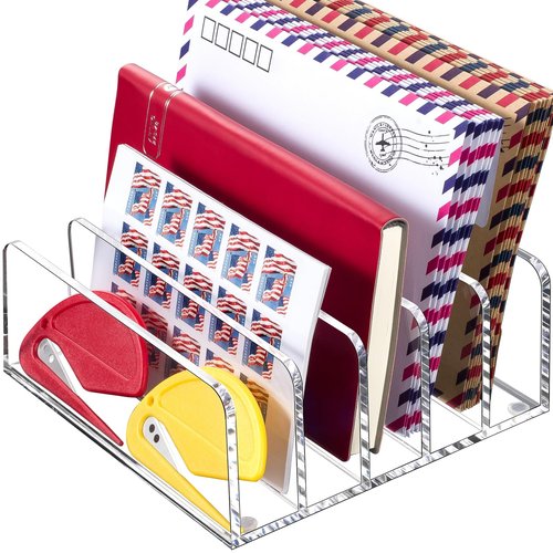 BEYGORM Acrylic Mail Holder, Clear Desk Organizer with Divider, Vertical Letter Sorter for Desktop, 5 Compartments Modern Office Home Envelope Organizer for Bill, Document, Notebook