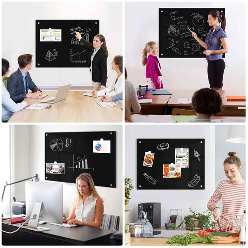 Black Dry Erase Board, 24" x 18" Magnetic Glass Whiteboard for Wall, Black Glass White Board with 1 Marker Tray and 3 Magnets for Office, Home, Classroom