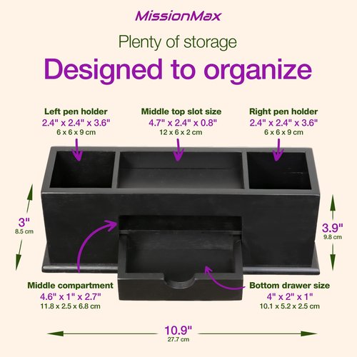 MissionMax Small Bamboo Black Caddy Desk Organizer and Storage with Drawer and Compartments for all your Office and Home needs