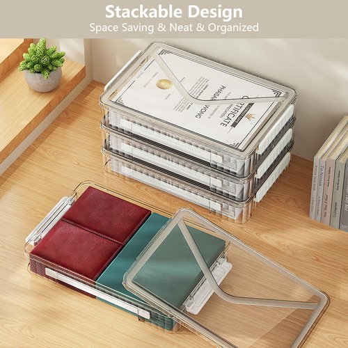 SAYEEC Clear File Storage Box Portable Project Case with Handle Plastic Storage Container with Lid Stackable Flat Storage Bin Document Magazine Protector Organizer for A4 Paper Photo Craft Scrapbook