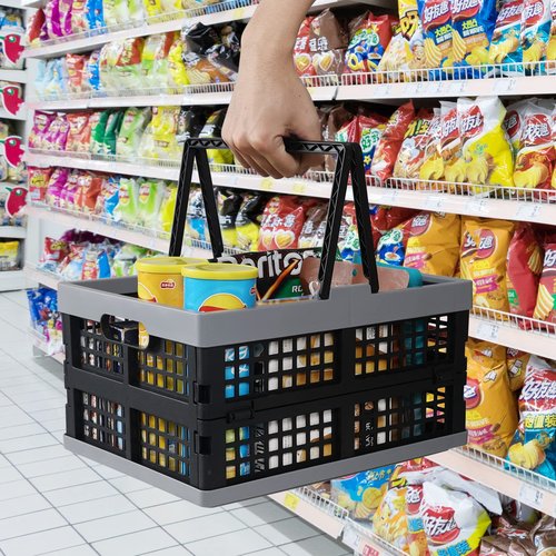 Tyminin Pack of 2 Collapsible Shopping Baskets, 15 Liter Folding Plastic Crate with Handles, Moving Storage Crate Small Stackable Containers Bins, Black